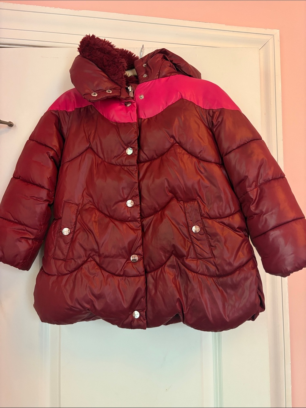 Jacadi Burgundy and Hot Pink Puffer Coat and hat